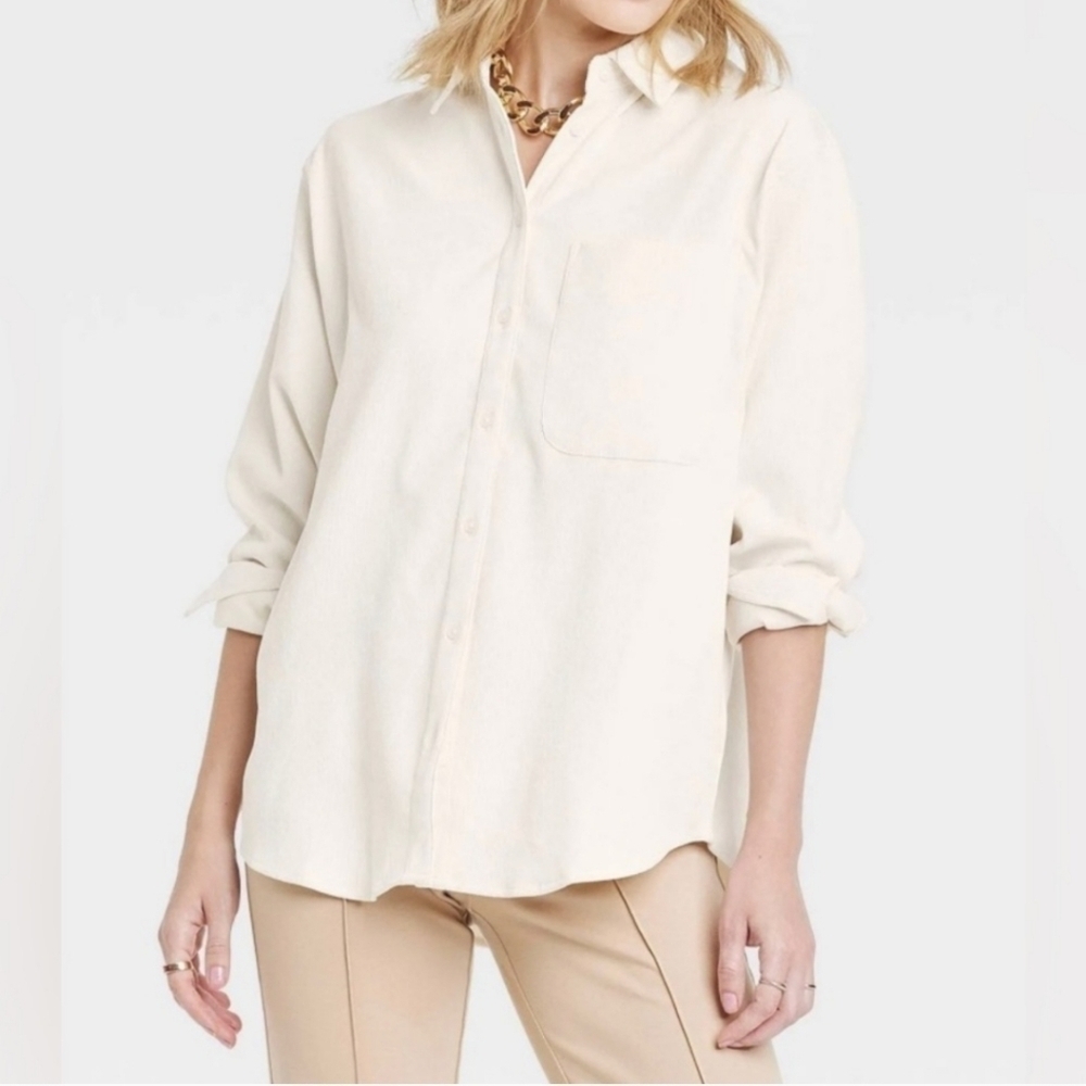 A New Day Women's Oversized Ribbed Courdroy Cream Button Up Shirt Size Xs